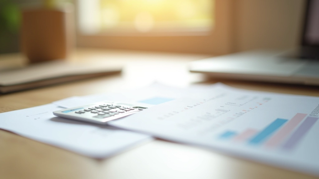Calculs financiers avec calculatrice et documents, environnement professionnel propre et organisé, éclairage naturel doux, photographie de bureau détaillée