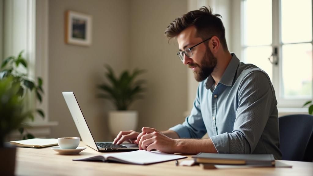 Entrepreneur créant un produit digital sur son ordinateur portable, bureau moderne avec notes et café, lumière naturelle douce, mise au point nette