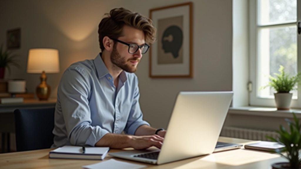 Freelance travaillant à son bureau avec laptop et bloc-notes, environnement de bureau à domicile lumineux, portrait professionnel, mise au point nette