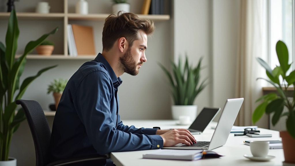 Freelancer à son bureau de travail, ordinateur portable visible, environnement créatif et professionnel, prise de vue depuis le côté, focus net