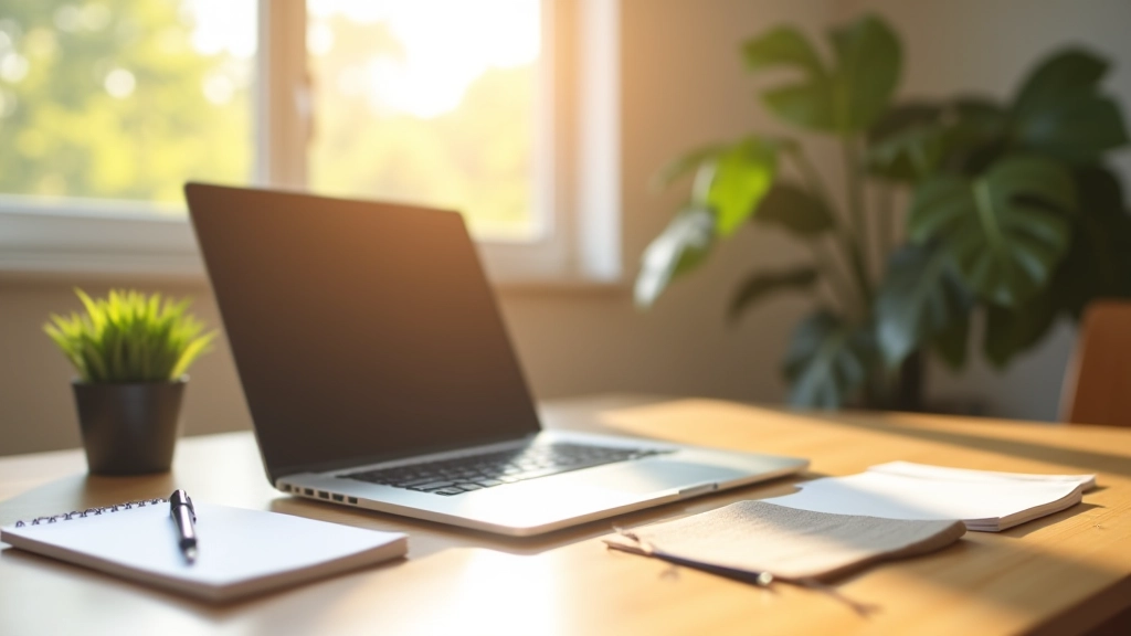 Espace de travail moderne avec ordinateur portable et bloc-notes, lumière naturelle du matin, environnement de travail propre et organisé