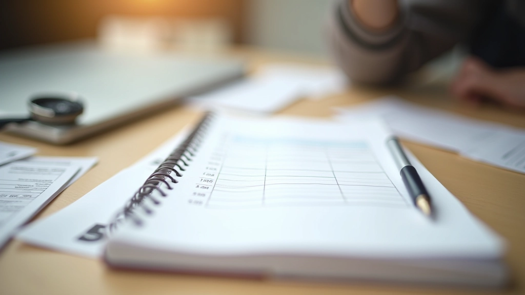 Cahier de suivi budgétaire avec stylo sur un bureau avec des reçus et des cartes bancaires