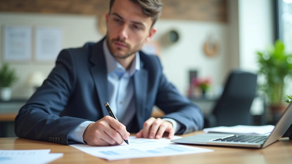 Tableau avec graphiques de tarification, stylo pointant vers les chiffres, bureau de travail minimaliste, fond blanc propre, mise au point nette