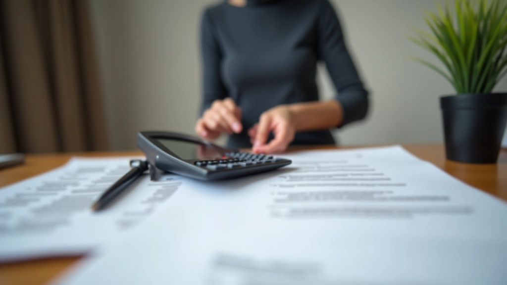 Personne analysant ses finances avec des documents et une calculatrice sur un bureau