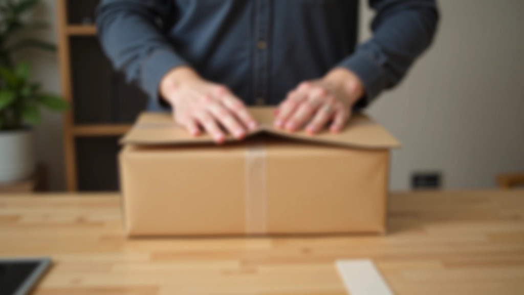Personne emballant un colis avec du papier kraft, ruban adhésif, table de travail propre, processus d'expédition