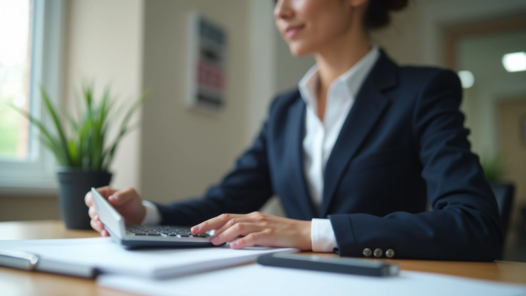 Personne en tenue professionnelle utilisant une calculatrice et examiner des documents financiers, bureau moderne, lumière naturelle et éclairage doux