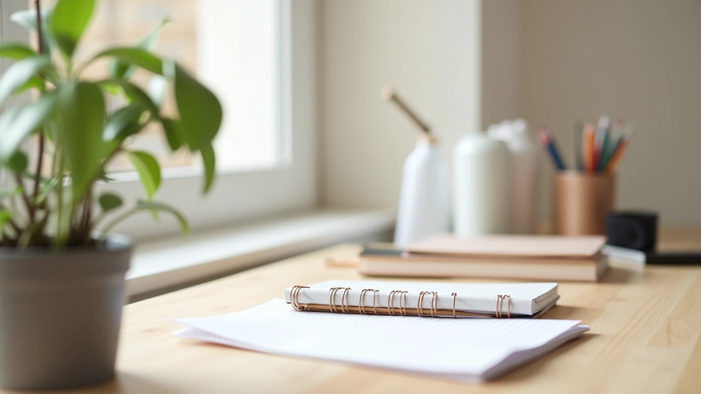 Stratégie de surplus budgétaire avec notes et stylo, bureau minimaliste, lumière naturelle, mise au point nette