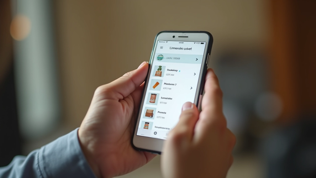 Téléphone affichant une application de vente en ligne, interface propre avec photos de produits, mains tenant le téléphone