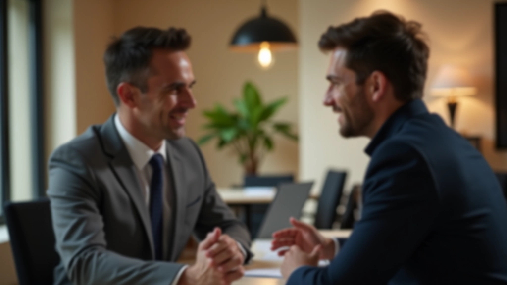 Deux professionnels en discussion lors d'une réunion, montrant la négociation et la communication