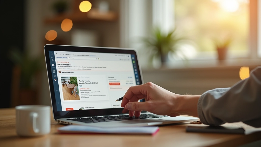 Vente en ligne de produits d'occasion sur une plateforme, ordinateur portable affichant une annonce, environnement de maison moderne, lumière douce