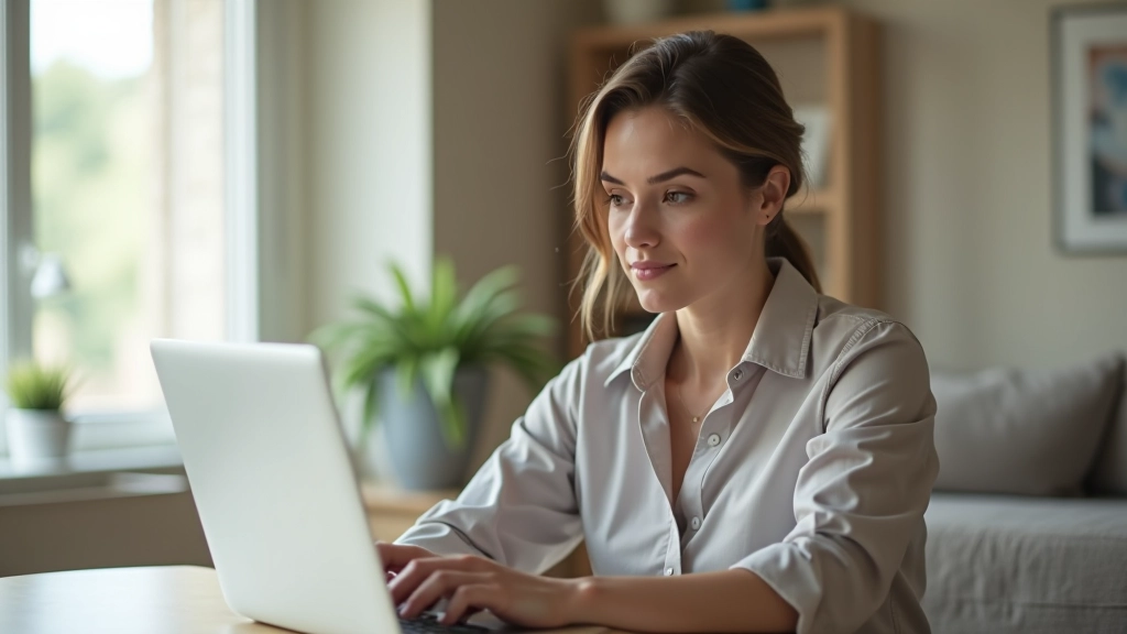 Personne regardant l'écran d'un ordinateur portable avec un sourire, environnement de bureau lumineux et moderne, portrait de côté, mise au point nette