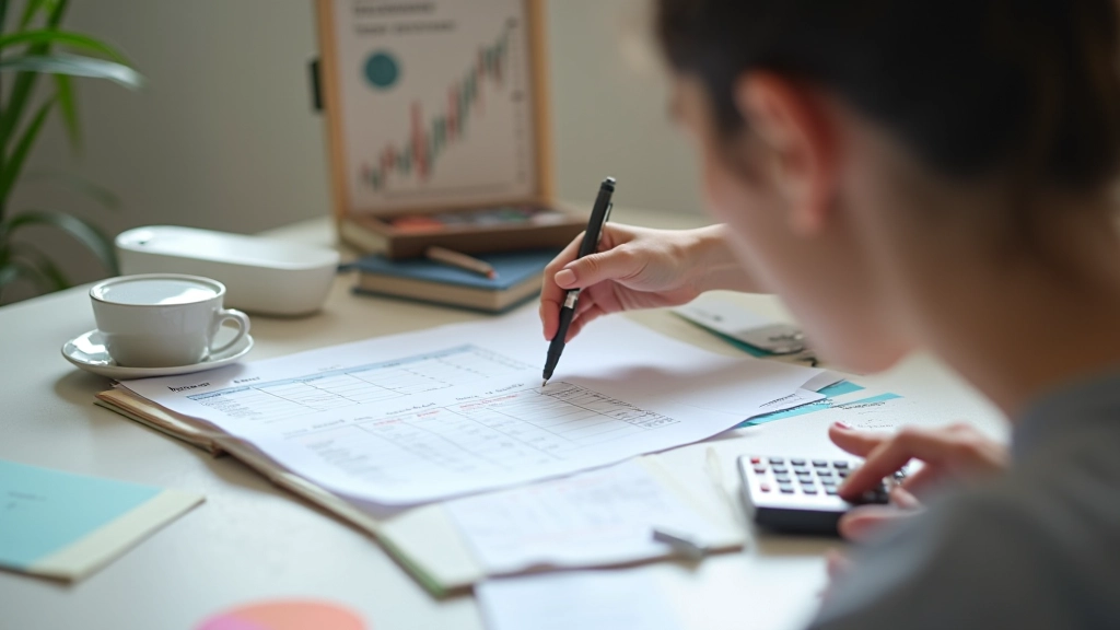 Femme travaillant à son bureau avec documents financiers et calculatrice